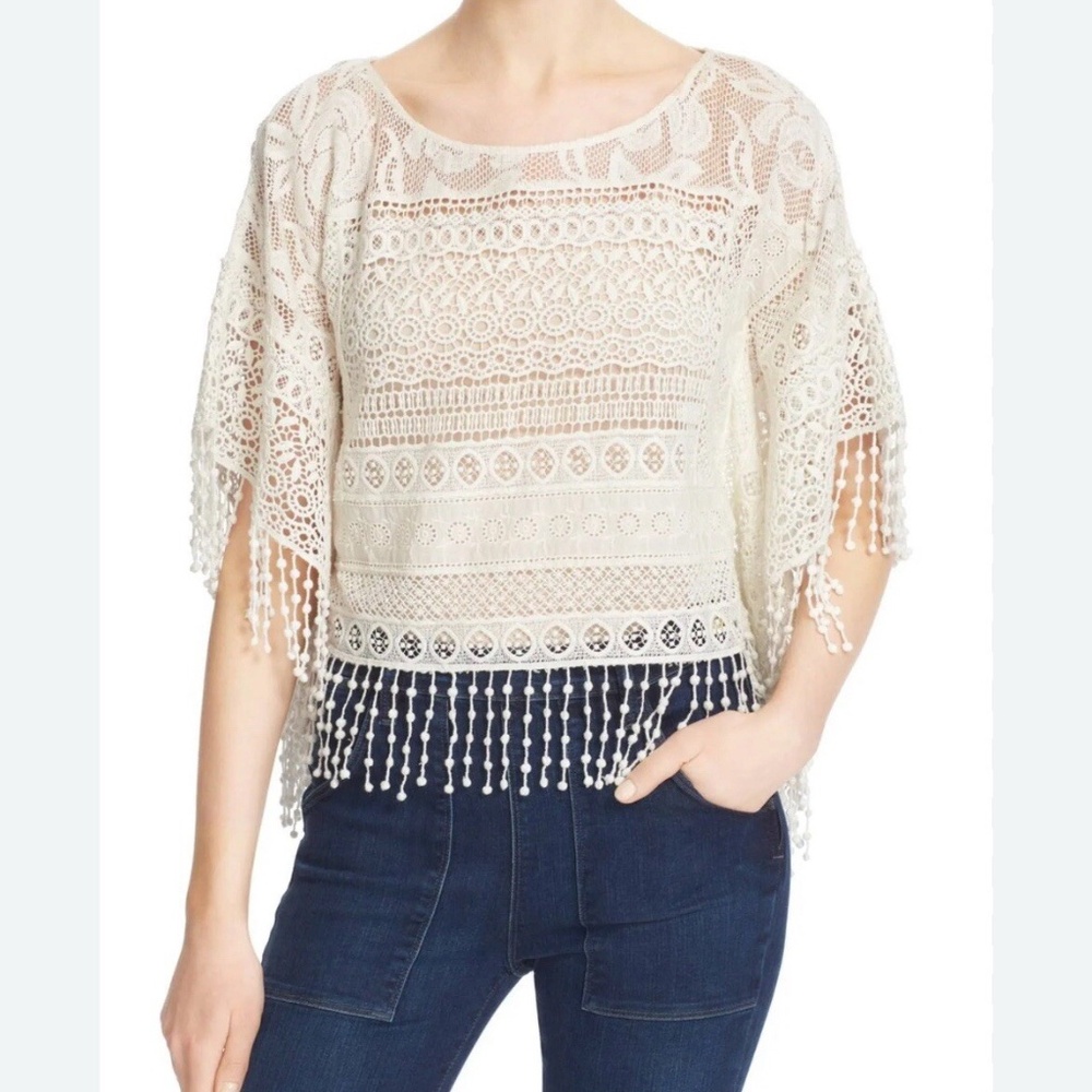 $298 Alice + Olivia Danette Embroidered Fringe Crochet Lace Poncho Top XS